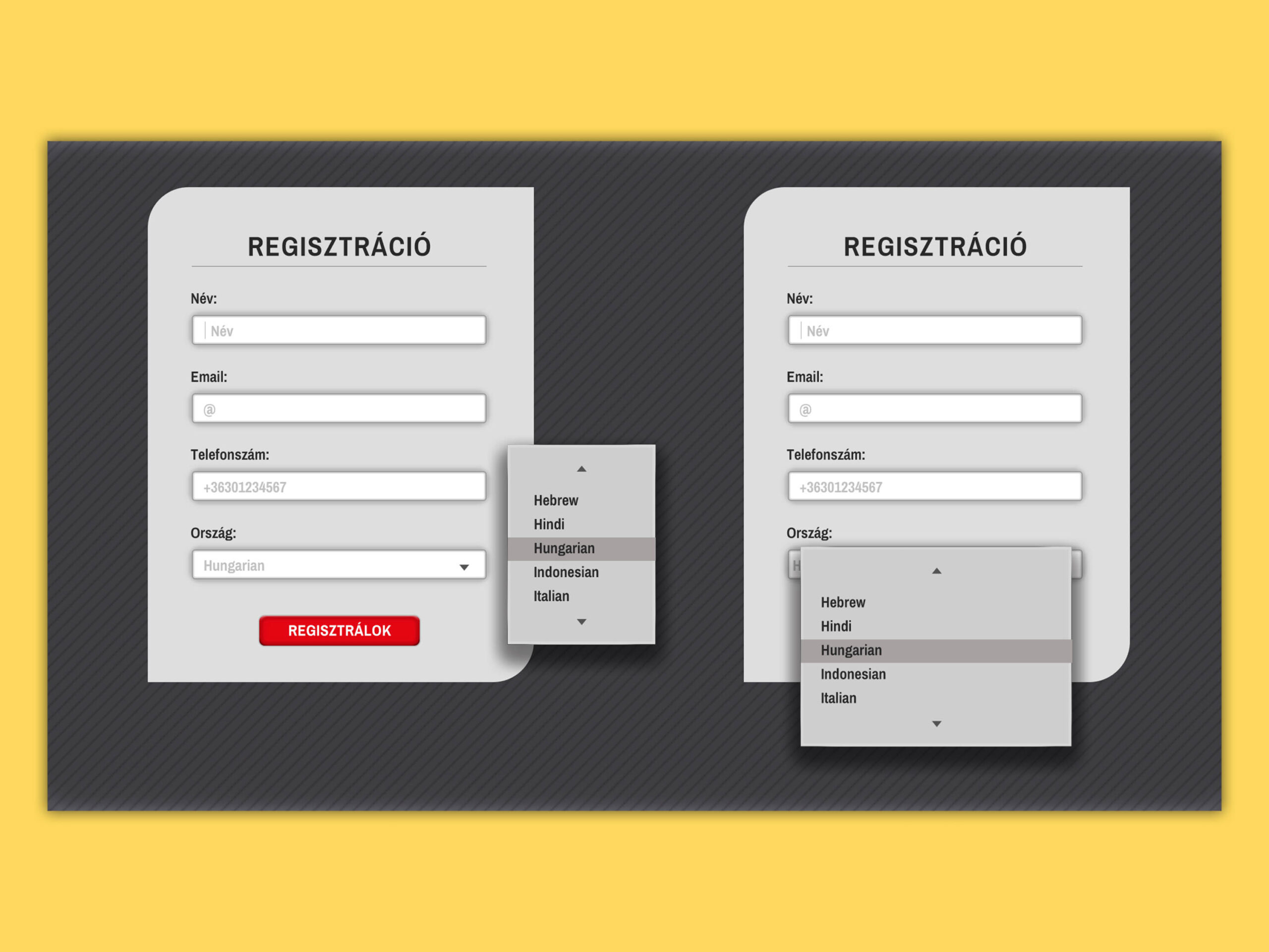 Regisztációs űrlap felhasználói felületének tervezése / UI desgin